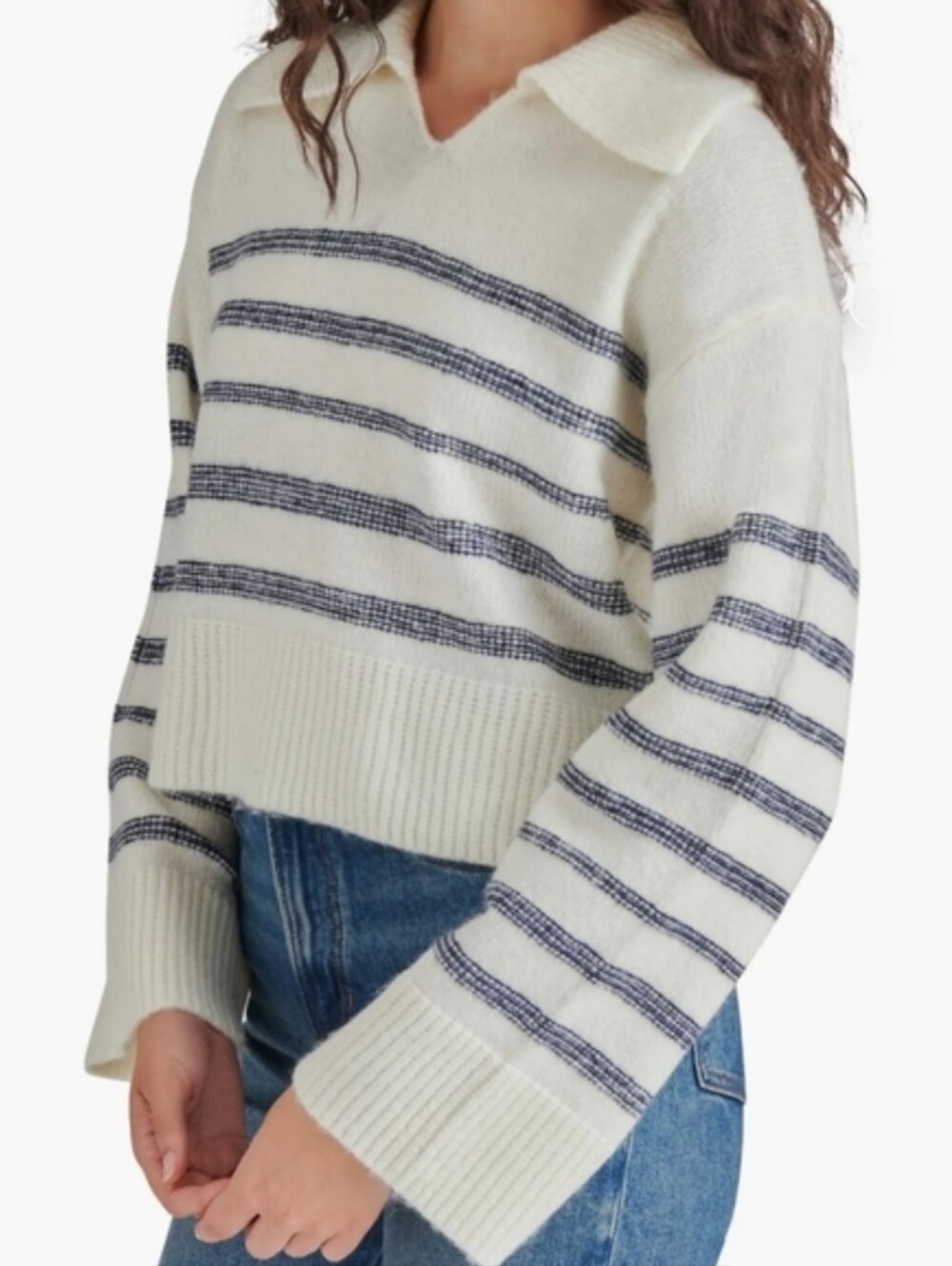 NWT Steve Madden Esther Striped Collared V-Neck Sweater Cream Navy Size Small